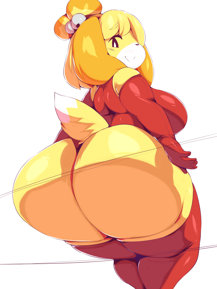 2018 absurd_res animal_crossing anthro big_butt butt canine clothed clothing digital_media_(artwork) dog female fur hair hi_res huge_butt isabelle_(animal_crossing) looking_at_viewer mammal nintendo on_glass shih_tzu simple_background sitting solo thick_thighs trinity-fate62 video_games voluptuous wide_hips yellow_fur