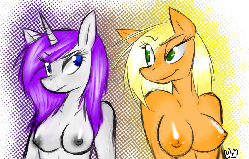 2013 abstract_background anthro anthrofied applejack_(mlp) big_breasts blonde_hair blue_eyes bluppa breasts duo earth_pony equine eye_contact female friendship_is_magic green_eyes hair horn horse mammal my_little_pony nipples nude orange_body pony purple_hair rarity_(mlp) shiny short_hair simple_background smile smirk unicorn white_body