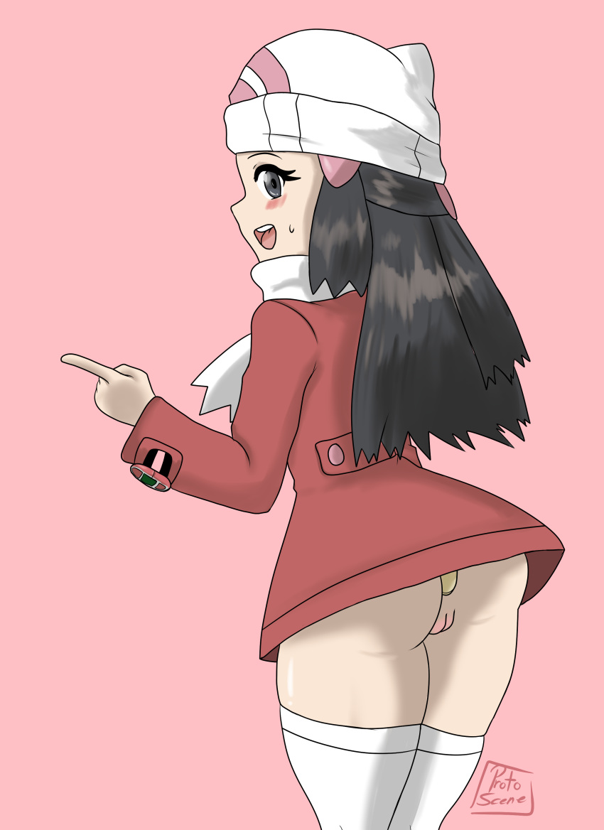 1girl absurdres anal anal_object_insertion artist_name ass beanie black_eyes black_hair blush bottomless butt_plug coat female from_behind hair_ornament hairclip hand_up hat highres hikari_(pokemon) long_hair long_sleeves looking_at_viewer looking_back matching_hair/eyes object_insertion open_mouth pink_background poke_ball_theme pokemon pokemon_(game) pokemon_dppt pokemon_platinum protoscene pussy red_coat scarf shiny shiny_hair shiny_skin signature simple_background smile solo standing sweat teeth textless thighhighs tied_hair uncensored white_hat white_legwear white_scarf
