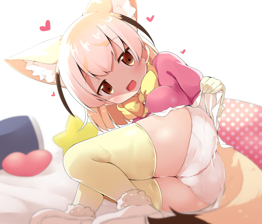 :d animal_ear_fluff animal_ears ass bed_sheet blonde_hair blush bow bowtie breasts brown_eyes commentary_request fennec_(kemono_friends) fox_ears fox_girl fox_tail fur_trim gloves head_tilt heart highres kemono_friends lifted_by_self looking_at_viewer lying makuran medium_breasts on_side open_mouth panties pillow pink_shirt pleated_skirt polka_dot puffy_short_sleeves puffy_sleeves shirt short_sleeves skirt skirt_lift smile solo star tail thighhighs underwear white_background white_footwear white_panties white_skirt yellow_legwear yellow_neckwear