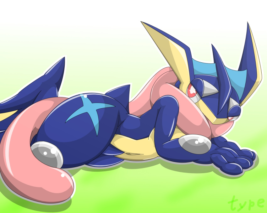 2015 ambiguous_gender anthro gradient_background green_background greninja lying nintendo pok&eacute;mon pok&eacute;mon_(species) simple_background solo type video_games