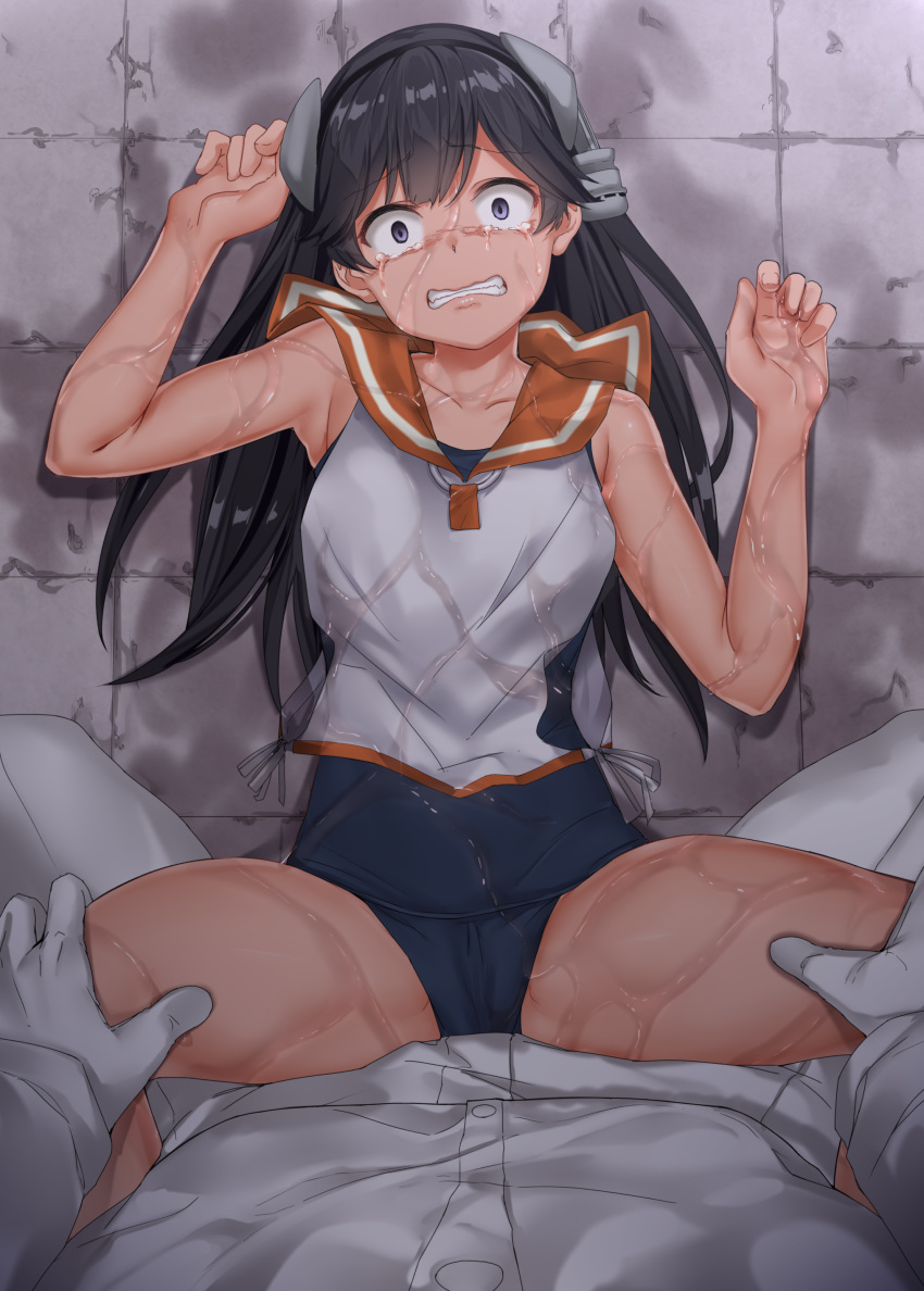 1girl absurdres admiral_(kantai_collection) armpits bangs black_eyes black_hair blush breasts brown_eyes commentary_request gloves headgear highres i-400_(kantai_collection) imminent_rape jacket jaku_denpa kantai_collection long_hair looking_at_viewer lying medium_breasts on_back on_floor one-piece_swimsuit open_mouth orange_sailor_collar pants parted_lips sailor_collar sailor_shirt scared school_swimsuit shirt sidelocks sleeveless sleeveless_shirt spread_legs swimsuit swimsuit_under_clothes tan very_long_hair wet white_gloves white_jacket white_pants