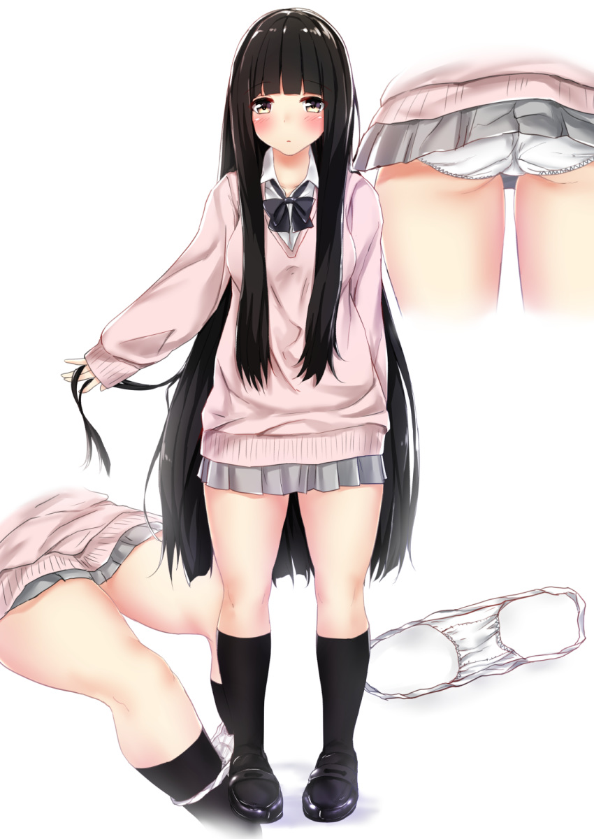 arm_behind_back black_hair blush cardigan dress_shirt highres loafers long_hair looking_at_viewer open_mouth original panties panty_pull pantyshot pikacchi ribbon school_uniform shirt shoes skirt solo sweater thighs underwear uniform very_long_hair white_panties yellow_eyes