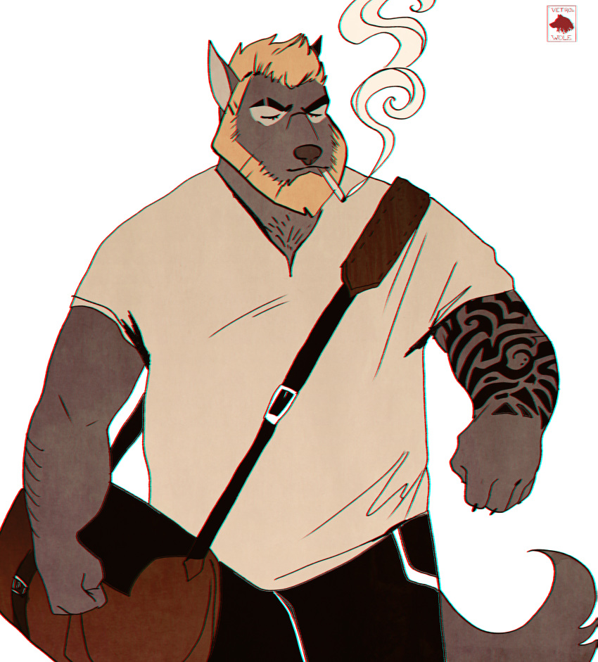 2018 5_fingers anthro bag beard blonde_hair canine cigarette clothed clothing facial_hair hair male mammal muscular muscular_male pants shirt simple_background smoke solo tattoo vetrowolf white_background wolf