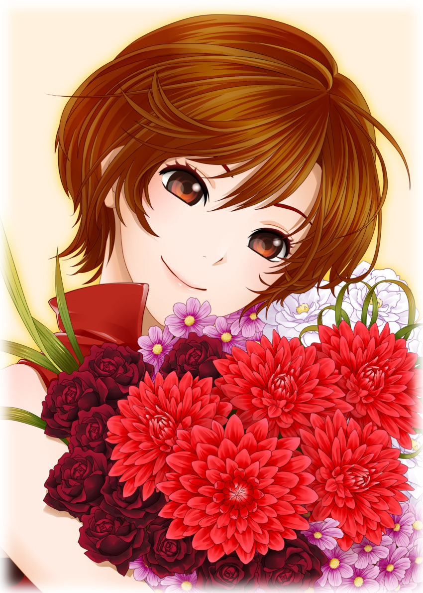 bare_arms bare_shoulders bouquet brown_eyes brown_hair close-up eyelashes face flower flower_request happy head_tilt highres jirou_(asami0512jump) leaf light_smile looking_at_viewer meiko pink_background purple_flower red_flower red_rose red_shirt rose shirt short_hair simple_background sleeveless sleeveless_shirt smile solo upper_body vocaloid white_flower
