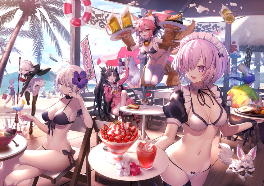 6+girls :d absurdres ahoge alcohol alternate_costume apron arm_up artoria_pendragon_(all) artoria_pendragon_(swimsuit_rider_alter) asterios_(fate/grand_order) beer beer_mug bikini black_gloves black_hair black_legwear blue_hair bow braid breasts bright_pupils closed_eyes cloud crossed_legs detached_collar doll_joints drinking_straw elbow_gloves euryale eyebrows_visible_through_hair fangs fate/grand_order fate_(series) flower food fou_(fate/grand_order) fruit gilgamesh gloves hair_bow hair_flower hair_ornament hair_over_one_eye headpiece highres hood hoodie horns huge_filesize ishtar_(swimsuit_rider)_(fate) jack_the_ripper_(fate/apocrypha) jeanne_d'arc_(alter)_(fate) jeanne_d'arc_(fate)_(all) jeanne_d'arc_alter_santa_lily jumping lancer large_breasts long_hair low_ponytail maid_bikini maid_headdress mash_kyrielight medium_breasts mop mordred_(fate)_(all) mordred_(swimsuit_rider)_(fate) multiple_boys multiple_girls navel nursery_rhyme_(fate/extra) open_mouth outdoors palm_tree parfait paw_gloves paws pink_hair puffy_short_sleeves puffy_sleeves purple_eyes revision ribbon_trim sand_castle sand_sculpture shinooji short_hair short_sleeves side-tie_bikini silver_hair sitting small_breasts smile strawberry swimsuit tamamo_(fate)_(all) tamamo_cat_(fate) tattoo thighhighs tray tree twin_braids waist_apron wariza white_legwear white_pupils wrist_cuffs yellow_eyes