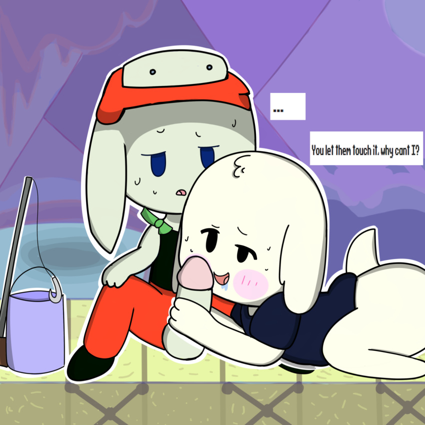 ambiguous_gender anthro blush bottomless cave_story clothed clothing fur hand_on_penis hat kanpachi lagomorph male mammal mimiga mykendyke penis questionable_consent quote shirt sweat video_games white_fur