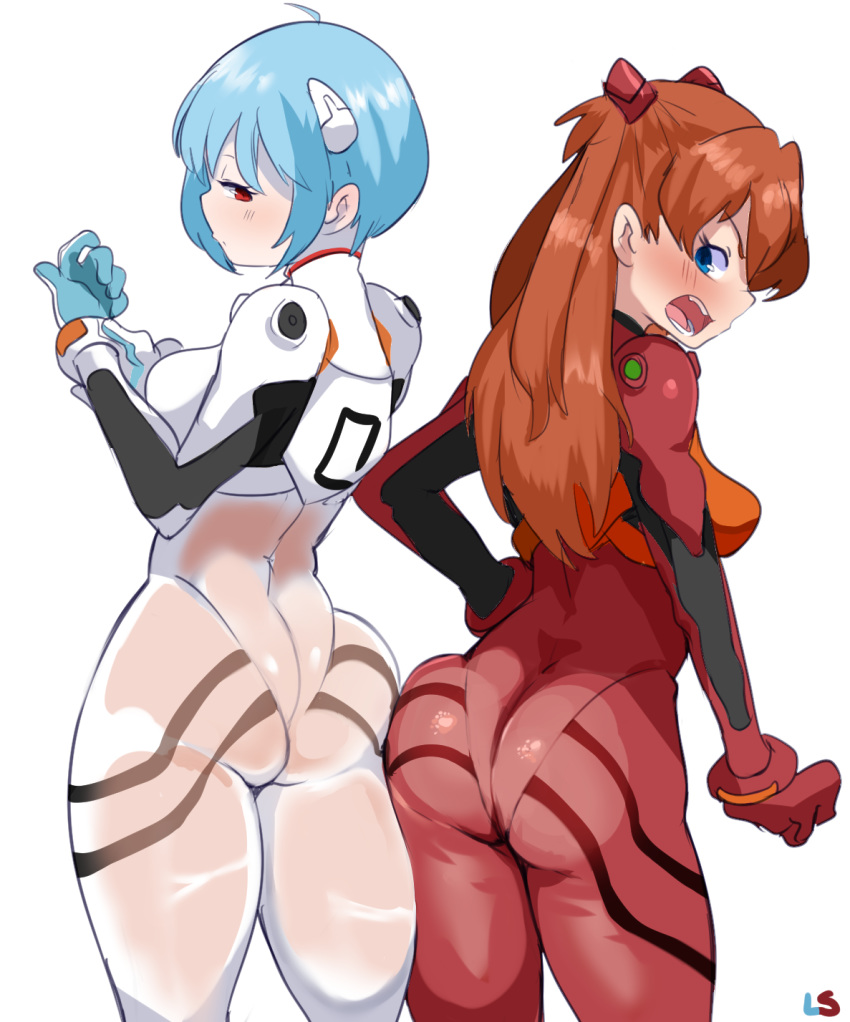 ahoge angry ass ass-to-ass ayanami_rei bangs blue_eyes blue_hair blush bodysuit bracer breasts brown_hair clenched_hand cowboy_shot evangelion:_2.0_you_can_(not)_advance from_behind gloves hair_between_eyes half-closed_eyes headgear highres hips lightsource long_hair looking_at_viewer looking_back multiple_girls neon_genesis_evangelion number open_mouth parted_bangs pilot_suit plugsuit profile rebuild_of_evangelion red_bodysuit red_eyes see-through short_hair sideways_glance signature simple_background skin_tight small_breasts souryuu_asuka_langley standing straight_hair thighs two_side_up v-shaped_eyebrows white_background white_bodysuit