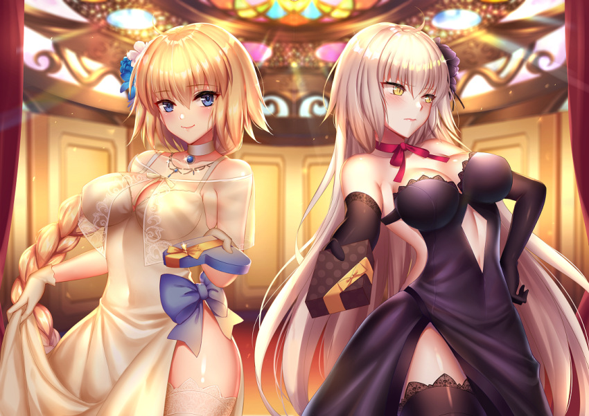 ahoge bangs bare_shoulders black_dress black_gloves black_legwear blonde_hair blue_eyes blush box braid breasts center_opening choker cleavage closed_mouth collarbone commentary_request dress elbow_gloves fate/grand_order fate_(series) flower gift gift_box gloves hair_between_eyes hair_flower hair_ornament hand_on_hip heart-shaped_box hips holding holding_gift incoming_gift jeanne_d'arc_(alter)_(fate) jeanne_d'arc_(fate) jeanne_d'arc_(fate)_(all) jewelry large_breasts long_hair looking_at_viewer looking_away mallizmora multiple_girls neck_ribbon necklace outstretched_arm outstretched_hand pale_skin pendant red_ribbon ribbon silver_hair single_braid skirt_hold smile thighhighs very_long_hair white_dress white_gloves white_legwear yellow_eyes