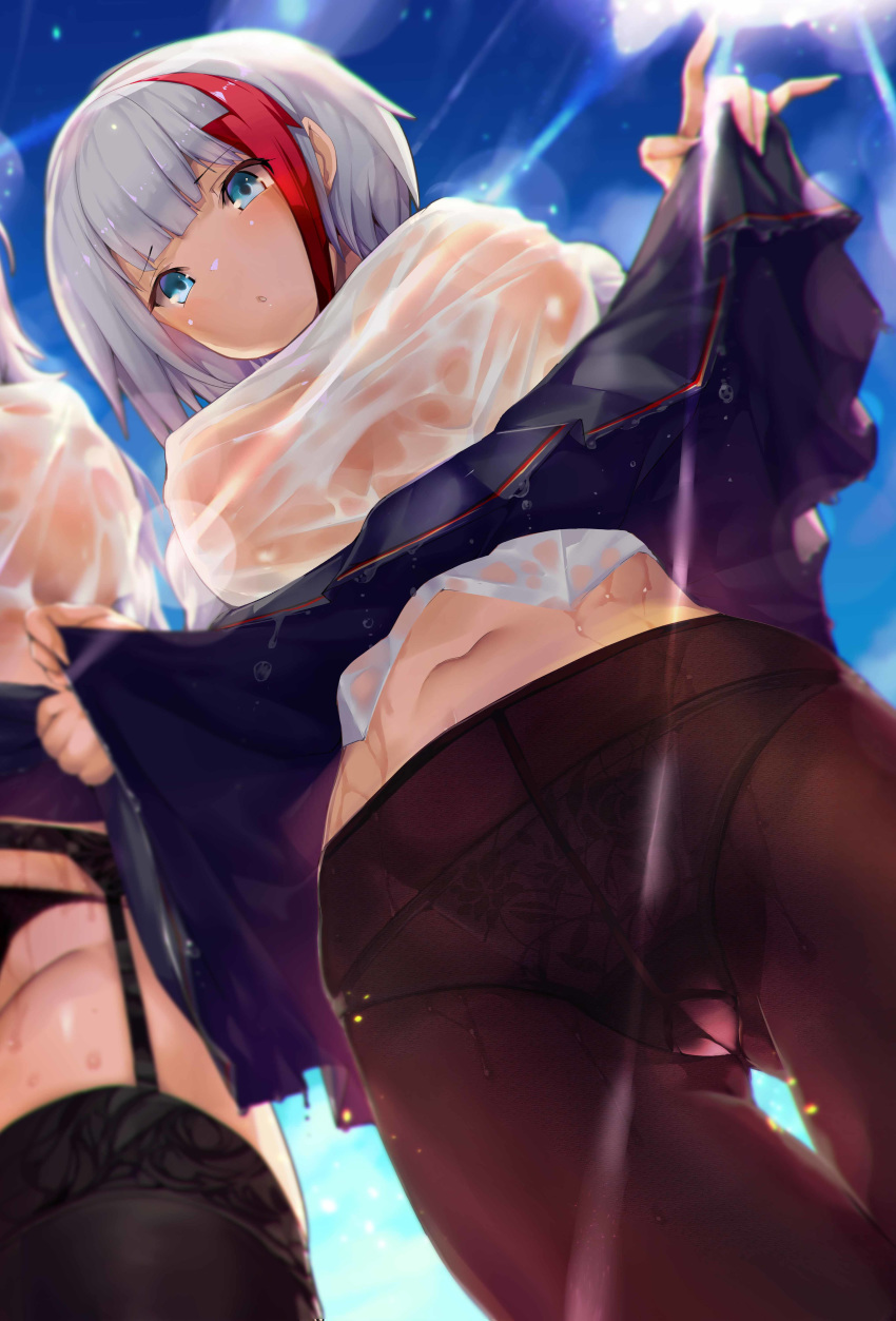 absurdres admiral_graf_spee_(azur_lane) aqua_eyes azur_lane bangs black_legwear black_panties blue_sky blunt_bangs breasts commentary_request covered_nipples crotch_seam day dripping eyebrows_visible_through_hair from_below garter_belt garter_straps graf_zeppelin_(azur_lane) highres large_breasts lifted_by_self long_hair looking_at_viewer multicolored_hair multiple_girls no_bra open_mouth out_of_frame panties panties_under_pantyhose pantyhose red_hair satou_daiji see-through shirt short_hair sidelocks silver_hair skirt skirt_lift sky streaked_hair sun sunlight thighs underwear wet wet_clothes wet_shirt