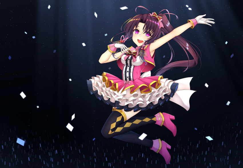 :d ahoge argyle argyle_legwear arm_up armpits bad_revision boots brown_hair commentary commission confetti cosplay downscaled_revision dress full_body gloves glowstick hair_ribbon hand_on_own_chest haruka_(sister_princess) healther high_heels highres idolmaster idolmaster_cinderella_girls layered_skirt looking_at_viewer md5_mismatch open_mouth ponytail purple_eyes ribbon shimamura_uzuki shimamura_uzuki_(cosplay) sister_princess smile solo thighhighs upper_teeth
