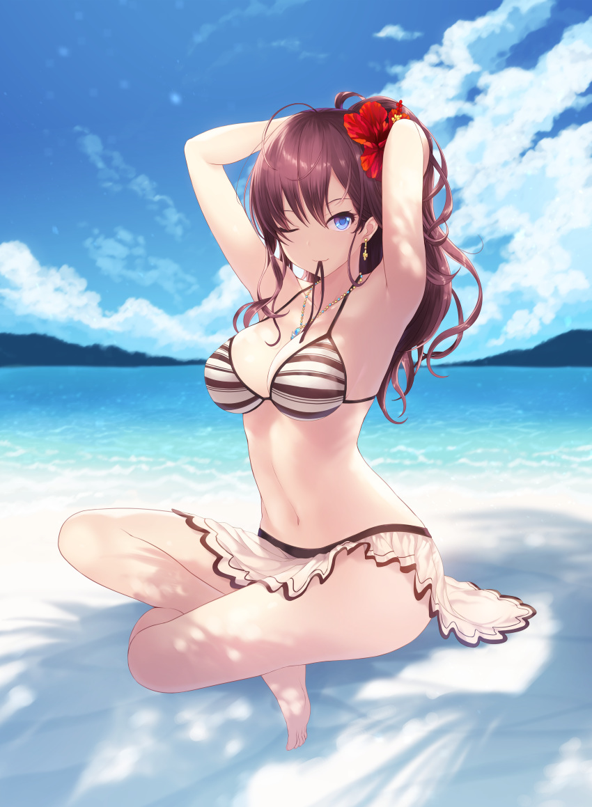 absurdres ahoge armpits arms_behind_head arms_up bare_shoulders barefoot beach bikini blue_eyes breasts brown_hair cait cleavage closed_mouth cloud cloudy_sky day earrings flower hair_between_eyes hair_flower hair_ornament highres hips huge_filesize ichinose_shiki idolmaster idolmaster_cinderella_girls indian_style jewelry legs long_hair looking_at_viewer medium_breasts miniskirt mouth_hold navel necklace ocean one_eye_closed paid_reward patreon_reward ribbon ribbon_in_mouth seaside sidelocks sitting skirt sky smile solo striped striped_bikini swimsuit thighs wavy_hair