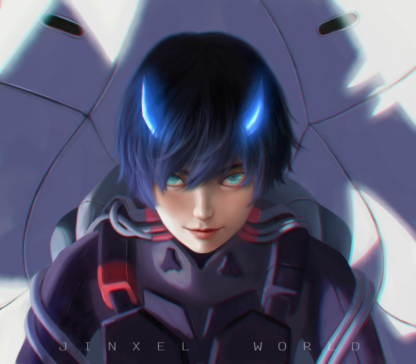 artist_name bangs black_bodysuit black_hair blue_eyes blue_horns bodysuit commentary darling_in_the_franxx english_commentary highres hiro_(darling_in_the_franxx) horns jinxel_world looking_at_viewer male_focus oni_horns pilot_suit realistic solo tube