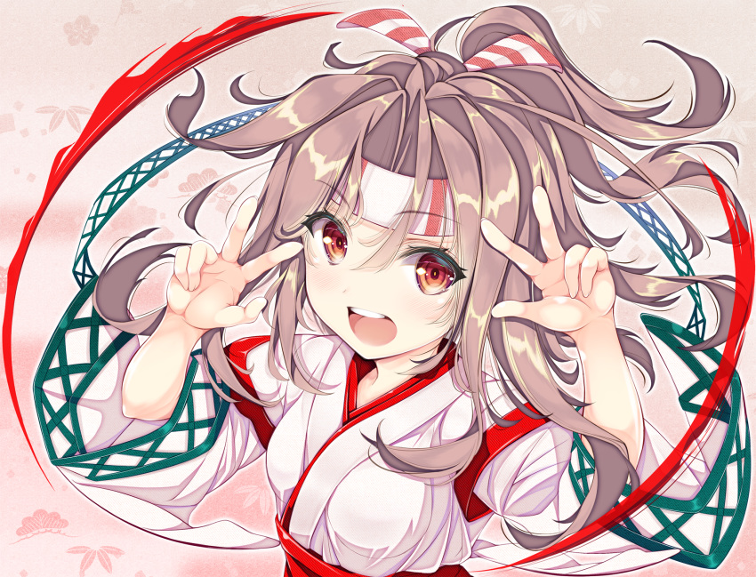 blush breasts brown_hair commentary_request double_w eyebrows_visible_through_hair floral_background hachimaki hair_between_eyes headband highres japanese_clothes kantai_collection kimono long_hair long_sleeves open_mouth red_eyes small_breasts solo tenmu_shinryuusai w zuihou_(kantai_collection)