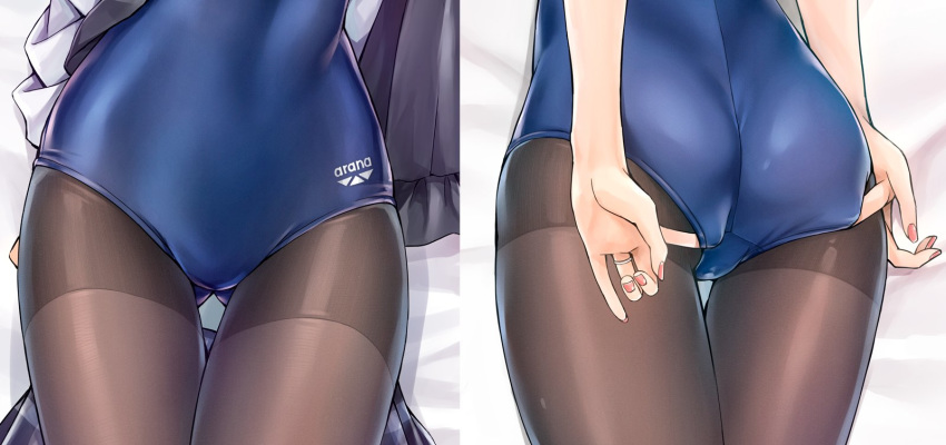 arena_(company) ass bare_shoulders black_jacket black_legwear brand_name_imitation brown_hair clothes_around_waist competition_school_swimsuit dakimakura hand_under_clothes highres jacket jacket_around_waist jewelry kantai_collection kotatsu_(kotatsu358) long_hair lying multiple_views on_back on_stomach one-piece_swimsuit pantyhose pantyhose_under_swimsuit ring shigure_(kantai_collection) shirt swimsuit thighband_pantyhose wedding_band white_shirt