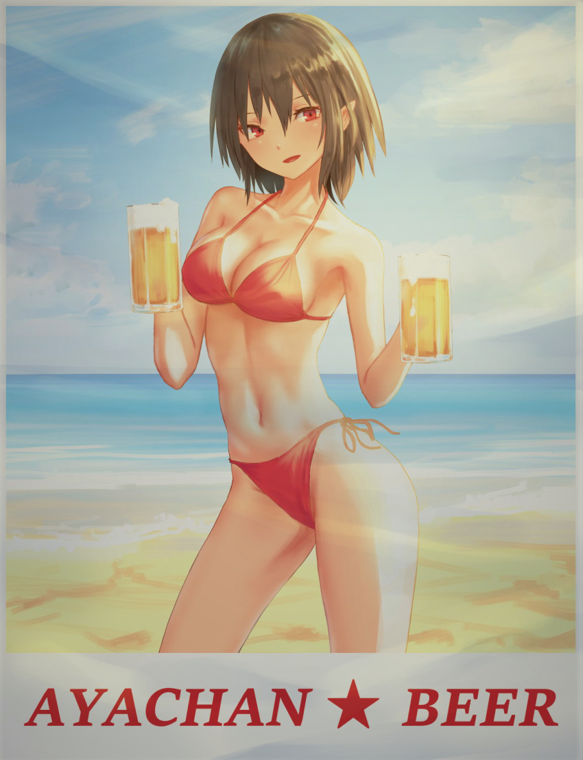 bare_arms bare_legs bare_shoulders barefoot beach beer_mug bikini black_hair blue_sky blush breasts cloud collarbone commentary_request cup day hair_between_eyes halterneck hands_up highres holding holding_cup kneeling looking_at_viewer medium_breasts mug navel no_hat no_headwear ocean open_mouth outdoors pointy_ears poster red_bikini red_eyes roke_(taikodon) sand shadow shameimaru_aya short_hair side-tie_bikini sky smile solo star stomach swimsuit thighs touhou