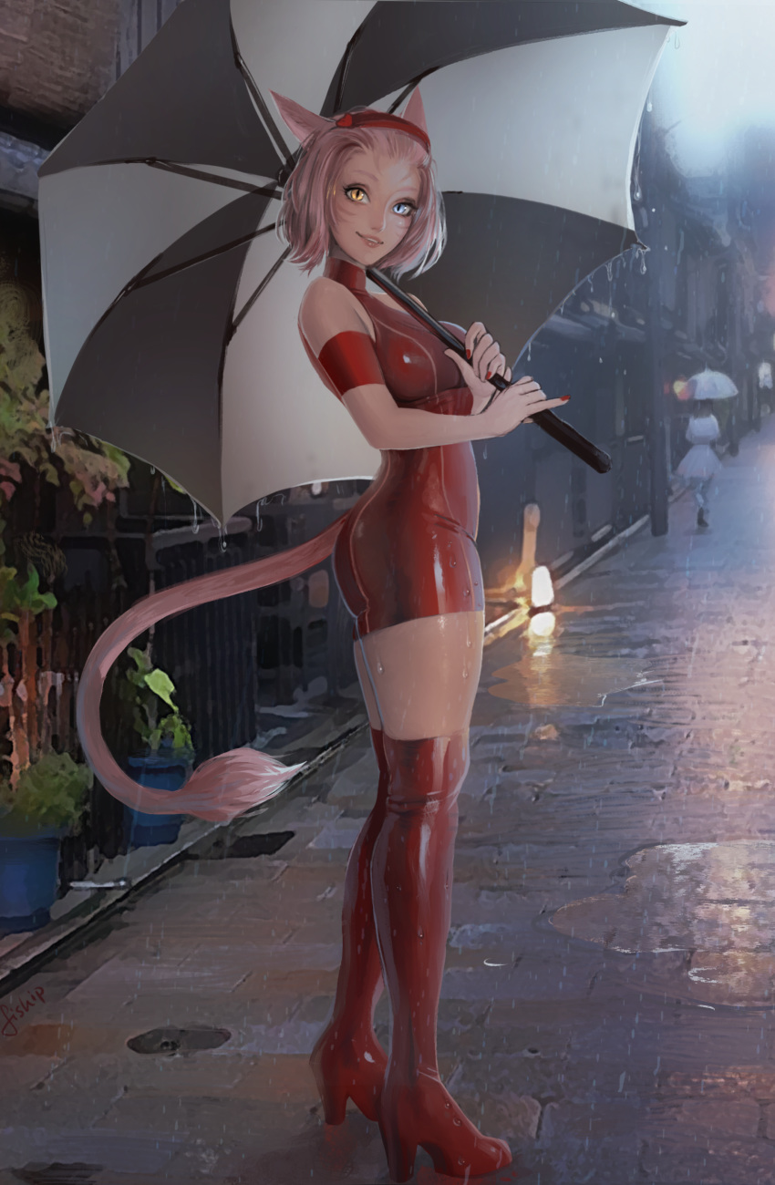absurdres animal_ears blue_eyes boots cat_ears cat_tail commentary english_commentary final_fantasy final_fantasy_xiv full_body hairband heterochromia high_heel_boots high_heels highres latex looking_at_viewer matilda_vin miqo'te multiple_girls nail_polish outdoors parted_lips pink_hair puddle rain red_footwear red_hairband red_nails short_hair sleeveless slit_pupils smile solo_focus tail thigh_boots thighhighs umbrella whisker_markings yellow_eyes