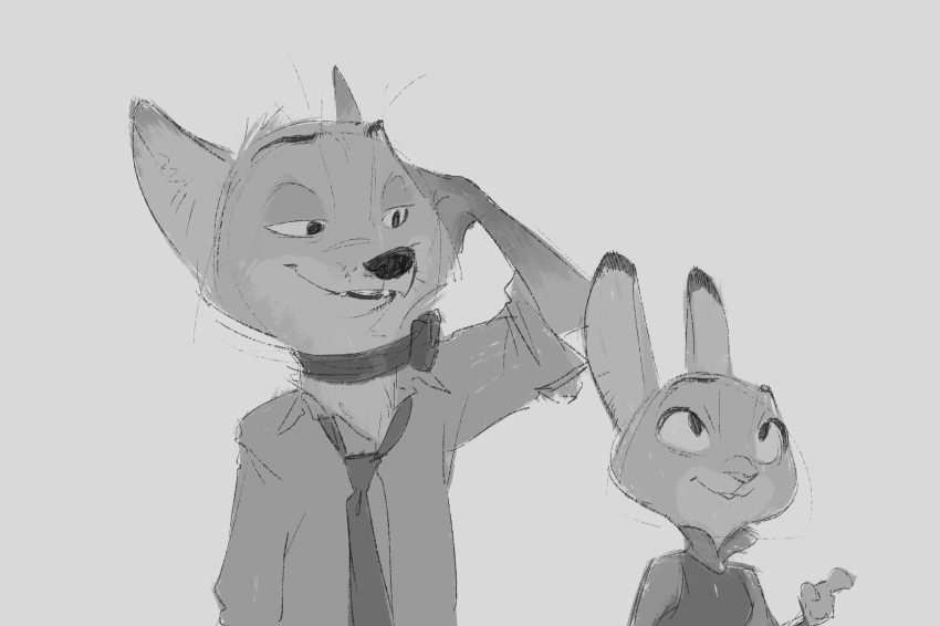 2018 anthro bulletproof_vest canine clothed clothing collar dipstick_ears disney duo female fox grey_background greyscale judy_hopps lagomorph male mammal monochrome monoflax necktie nick_wilde pointing police_uniform rabbit shock_collar simple_background uniform zootopia