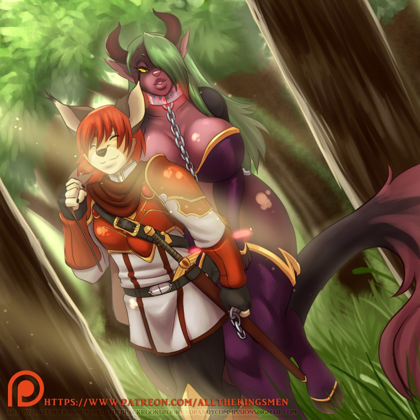 adolyn all_the_king's_men amber_eyes anthro armor big_breasts breasts caracal chain chain_leash cleavage clothed clothing collar demon detailed_background digital_media_(artwork) duo eyes_closed feline female fluffy fluffy_tail forest hair hair_over_eye hooves horn huge_breasts larger_female lavenderpandy leash long_tail male male/female mammal melee_weapon monette scabbard size_difference smile succubus sword theblackrook thick_thighs tree voluptuous weapon