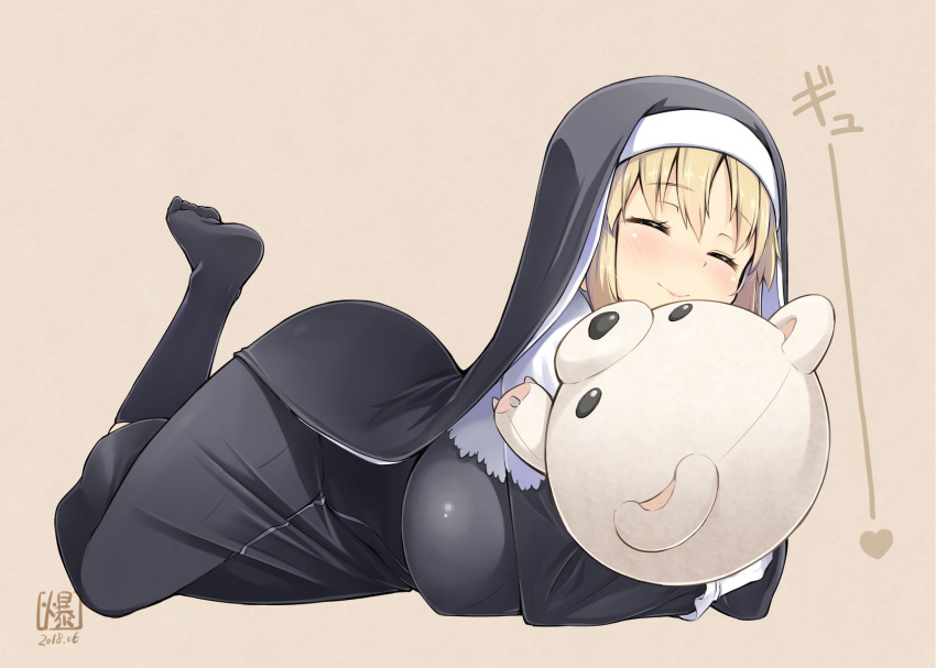 bakutendou bangs black_dress black_legwear blonde_hair blush breasts closed_eyes commentary_request dated dress full_body habit highres holding holding_stuffed_animal holding_toy huge_breasts long_hair long_sleeves lying nijisanji nun on_side on_stomach sister_cleaire smile socks stuffed_animal stuffed_toy teddy_bear virtual_youtuber