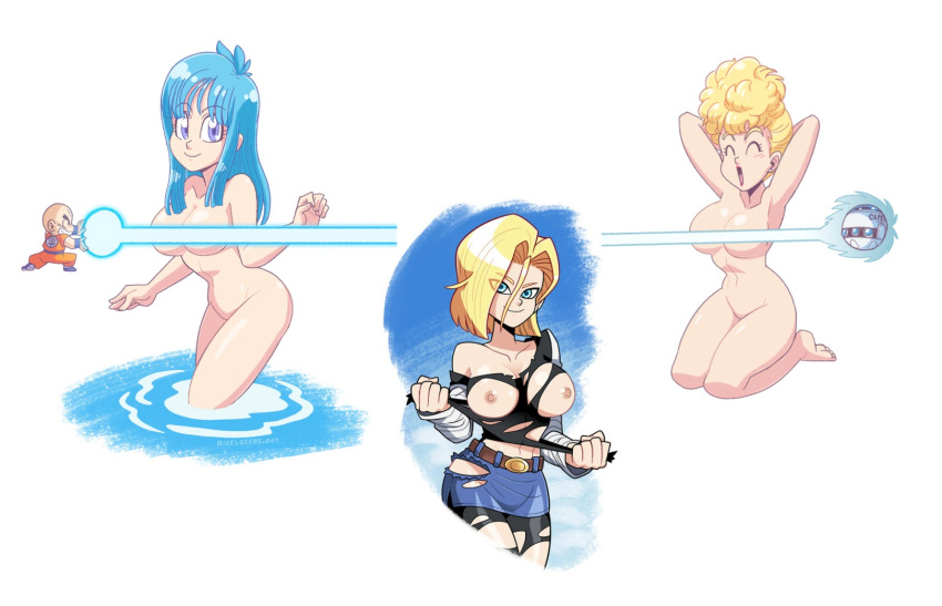 1boy 3girls android_18 areolae artist_request bare_shoulders blonde_hair blue_eyes blue_hair blush breasts chibi curvy dragon_ball dragonball_z energy female happy kamehameha large_breasts long_hair looking_at_viewer machine maron_(dragon_ball) multiple_girls muscle nipples nude open_mouth shiny shiny_skin smile water