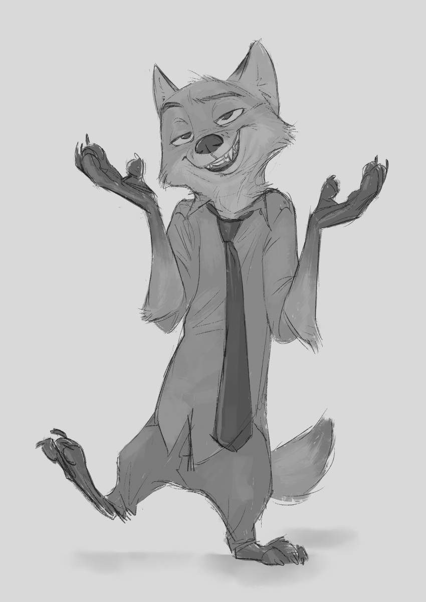 2018 anthro barefoot canine cheek_tuft claws clothed clothing disney fox grey_background greyscale half-closed_eyes looking_at_viewer male mammal monochrome monoflax necktie nick_wilde shrug simple_background smile smirk solo standing toe_claws tuft zootopia