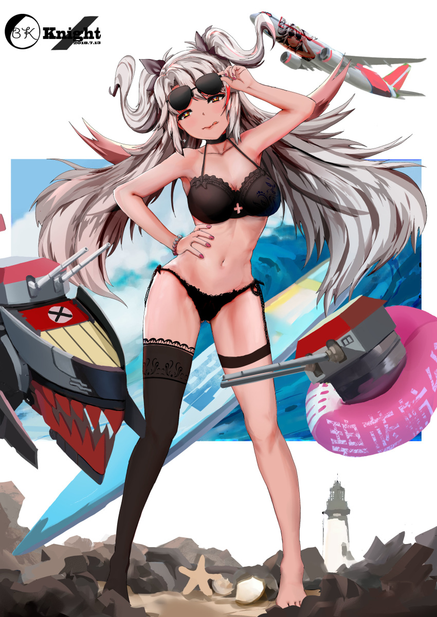 absurdres aircraft airplane alternate_costume antenna_hair artist_name ass_visible_through_thighs azur_lane bangs beach bikini black_bikini black_knight_(artist) black_legwear black_ribbon blue_sky blush bracelet breasts brown_eyes cannon chinese_commentary cloud collarbone commentary_request cross_cutout dated eyebrows_visible_through_hair floating_hair full_body hair_between_eyes hair_ribbon half-closed_eyes hand_on_eyewear hand_on_hip highres innertube iron_cross jewelry large_breasts licking_lips lighthouse long_hair looking_at_viewer machinery mole mole_on_breast multicolored_hair nail_polish navel ocean outdoors pink_nails prinz_eugen_(azur_lane) red_hair revision ribbon rigging sand side-tie_bikini signature silver_hair single_thighhigh sky smile solo standing starfish stomach streaked_hair sunglasses surfboard swimsuit thigh_strap thighhighs tongue tongue_out turret two_side_up very_long_hair waves