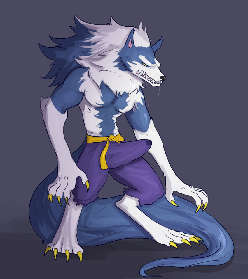 angry belt big_bulge blue_fur bulge canine claws clothed clothing darkstalkers fangs fur himerosthegod jon_talbain long_tail male mammal mane muscular pants precum saliva simple_background solo topless video_games were werewolf white_fur yellow_eyes