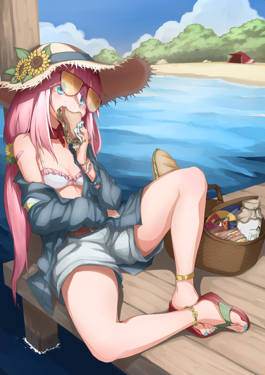 absurdres anklet baguette bandaid_on_shoulder beach belt blue_eyes blue_nails blush bottle bracelet bread breasts can chocolate_bar cloud day dock eating flower food frilled_bikini_top glasses hat highres holding holding_food jacket jewelry kagamihara_nadeshiko long_hair low_twintails milk_bottle nail_polish off_shoulder open_clothes open_jacket outdoors picnic_basket pink_hair red-framed_eyewear ring sandals sandwich shorts sky sleeves_past_wrists small_breasts soda_can solo straw_hat sun_hat sunflower tent toenail_polish twintails very_long_hair watch water white_bikini_top wristwatch yosianng yurucamp
