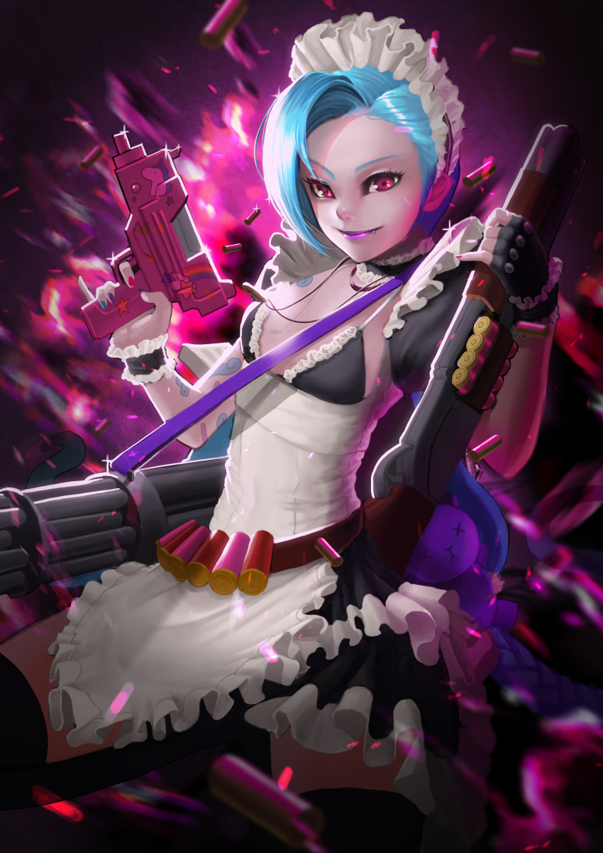 1girl alternate_costume black_skirt blue_hair bow braid cross-laced_clothes fang frills gun jinx_(league_of_legends) league_of_legends lipstick long_hair looking_at_viewer maid maid_headdress makeup pink_eyes shotgun skirt twin_braids very_long_hair weapon weapons