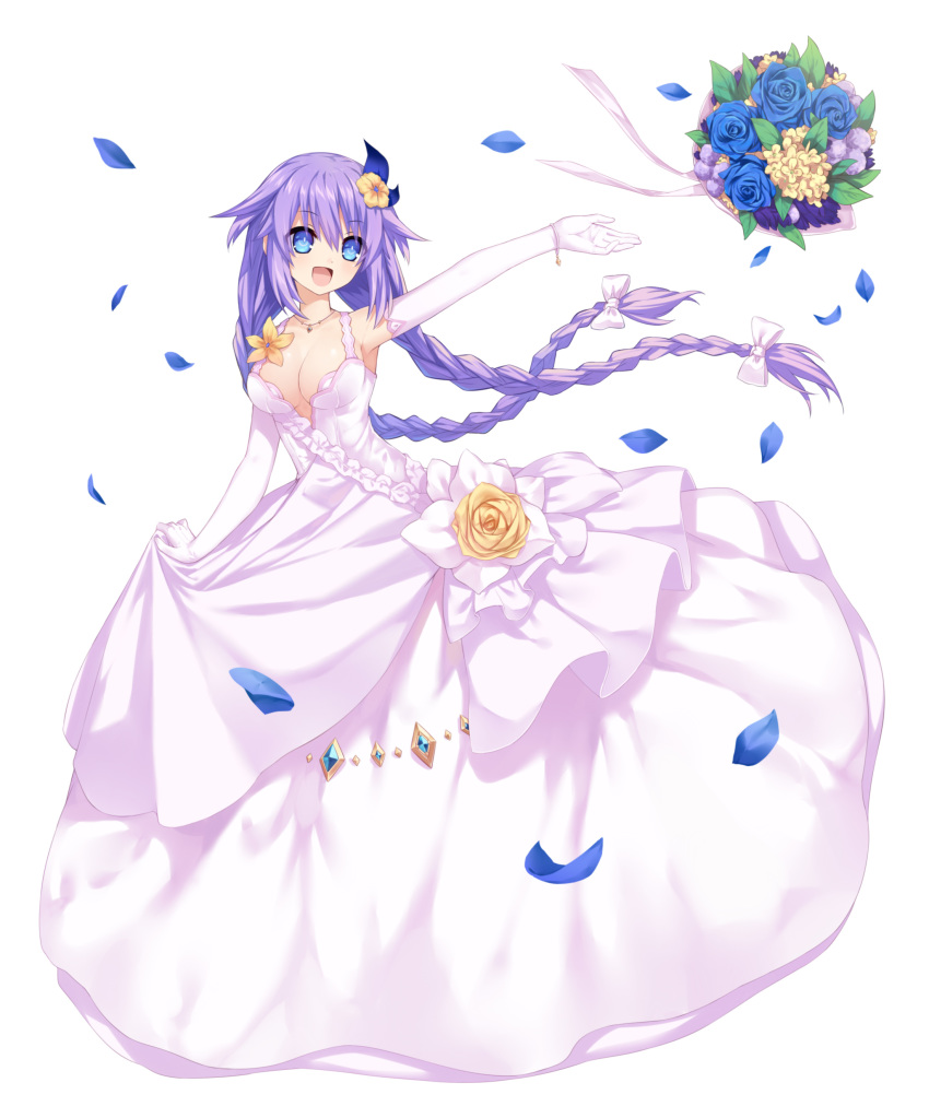 :d absurdres alternate_costume arm_up armpits blue_eyes blue_flower bouquet braid breasts cleavage commentary_request dress elbow_gloves flower full_body gloves hair_between_eyes hair_flower hair_ornament hair_ribbon highres long_hair looking_at_viewer medium_breasts neps-l neptune_(series) open_mouth outstretched_arm petals power_symbol purple_hair purple_heart ribbon simple_background skirt_hold smile solo symbol-shaped_pupils throwing twin_braids twintails very_long_hair wedding_dress white_background yellow_flower