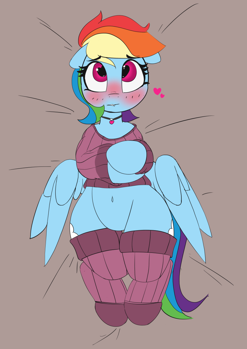 &lt;3 &lt;3_eyes 2018 biting_lip blue_feathers blush bottomless clothed clothing cute cutie_mark equine eyebrows eyelashes feathered_wings feathers featureless_crotch female feral floppy_ears friendship_is_magic grey_background hair hi_res hooves jewelry legwear looking_up lying mammal multicolored_hair my_little_pony navel necklace on_back pabbley pegasus portrait purple_eyes rainbow_dash_(mlp) rainbow_hair simple_background socks solo sweater teeth thigh_highs wings