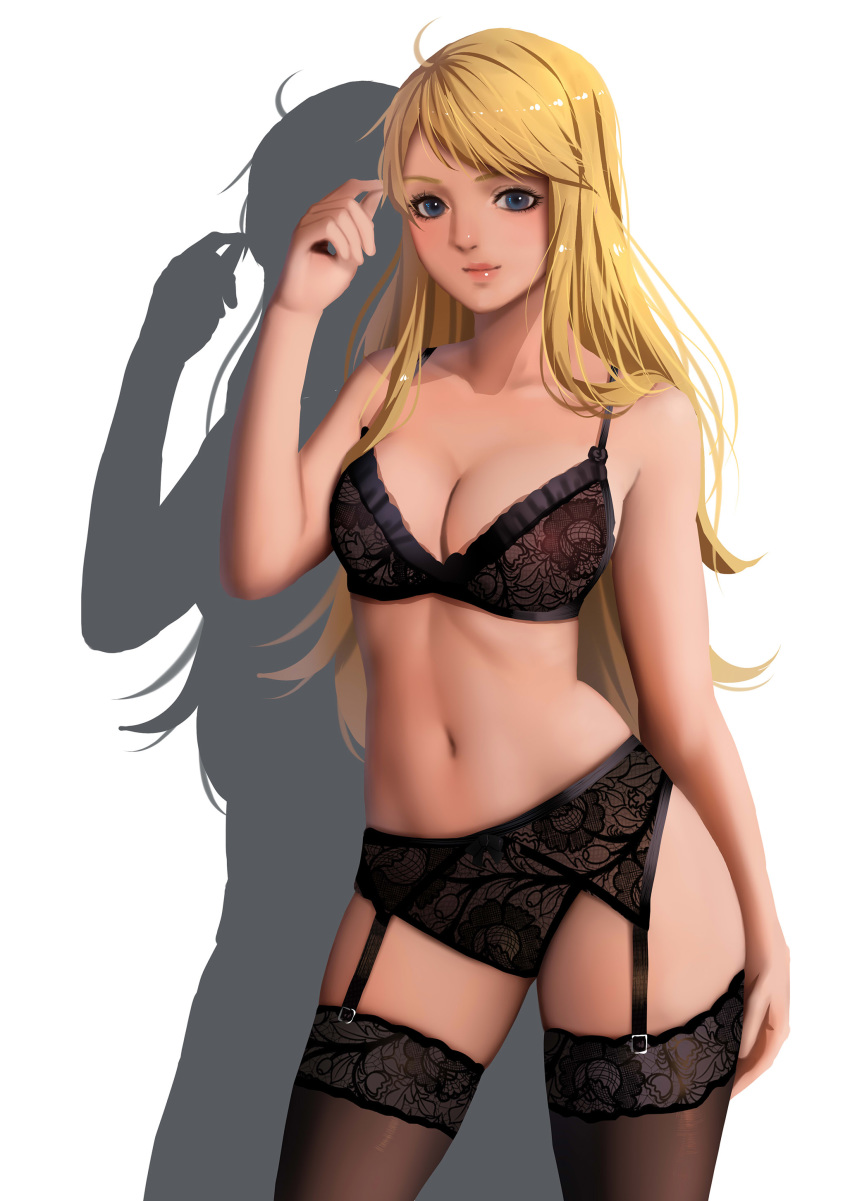 absurdres bangs black_bra black_garter_belt black_legwear black_panties blonde_hair blue_eyes bra breasts cleavage closed_mouth contrapposto cowboy_shot eyelashes floral_print fullmetal_alchemist garter_belt highres hips lace lace-trimmed_thighhighs lace_bra lace_panties legs_apart light_smile lips long_hair looking_at_viewer medium_breasts navel panties print_bra print_garter_belt print_panties realistic shadow simple_background solo standing swept_bangs thighhighs underwear underwear_only white_background winry_rockbell zyl