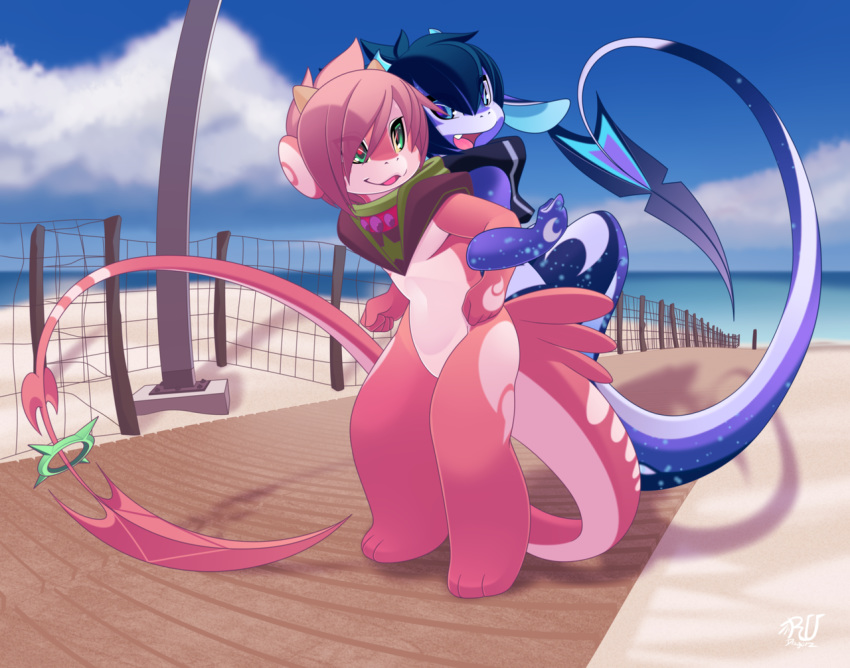 2018 5_fingers beach blue_eyes blue_hair day detailed_background digital_media_(artwork) dragon hair nude open_mouth outside phation pink_hair seaside sky smile standing young