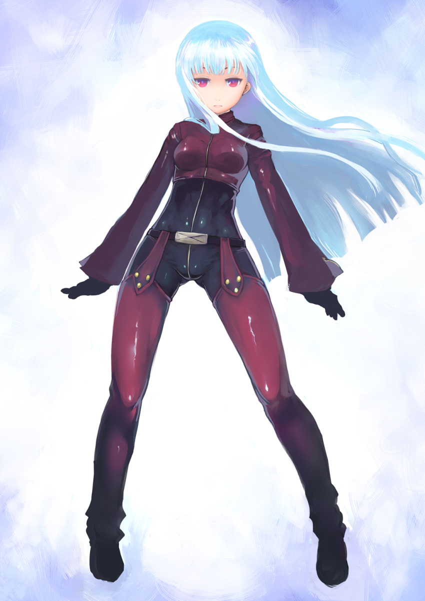 ass_visible_through_thighs bangs black_bodysuit black_gloves blue_hair bodysuit breasts chaps closed_mouth cropped_jacket floating_hair frown gloves highres jacket johan_(johan13) kula_diamond legs_apart long_hair long_sleeves looking_at_viewer medium_breasts purple_jacket red_eyes solo standing straight_hair the_king_of_fighters
