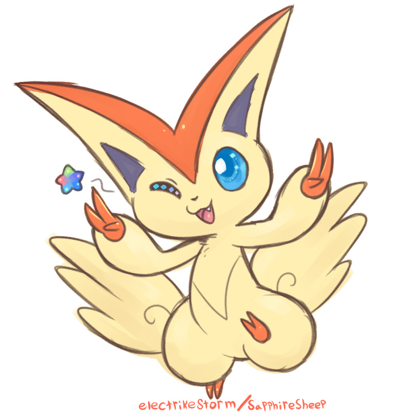 2018 ambiguous_gender blue_eyes butt_wings electrikestorm feral fur hi_res legendary_pok&eacute;mon mammal nintendo one_eye_closed open_mouth pointy_ears pok&eacute;mon pok&eacute;mon_(species) simple_background solo star tan_fur v_sign victini video_games white_background wings wink