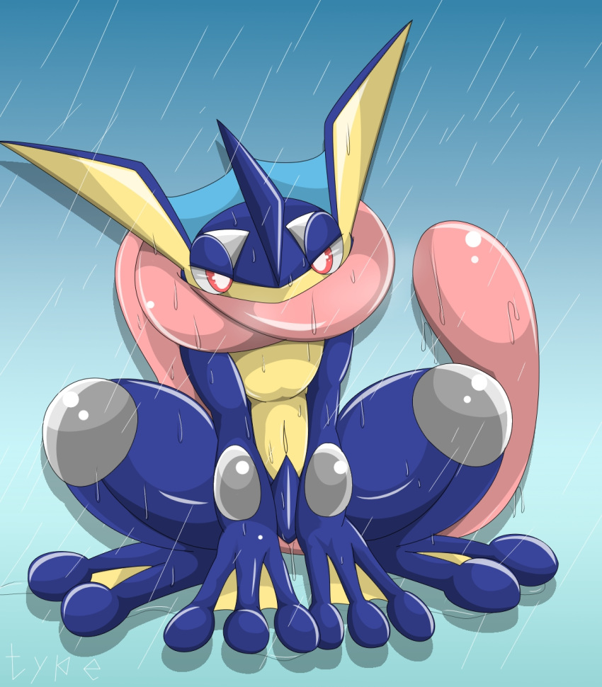 2015 ambiguous_gender greninja nintendo pok&eacute;mon pok&eacute;mon_(species) raining simple_background solo type video_games