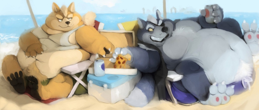 anthro beach belly beverage big_belly black_lips canine chubby_cheeks clothed clothing digital_media_(artwork) duo food fox fox_mccloud fullheroo fur half-closed_eyes hand_on_stomach lips male male/male mammal moobs morbidly_obese navel nintendo obese overweight pawpads pizza seaside shirt showing_teeth sitting star_fox tank_top thick_thighs video_games weight_gain wolf wolf_o'donnell yellow_eyes