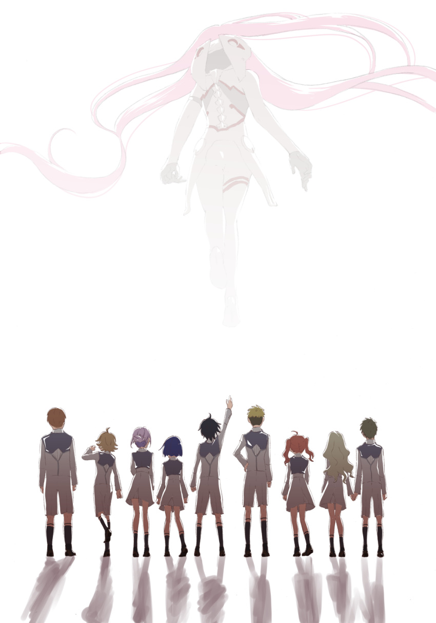 5girls ahoge black_hair blonde_hair blue_hair bodysuit brown_footwear brown_hair commentary_request darling_in_the_franxx floating floating_hair from_behind futoshi_(darling_in_the_franxx) gloves gorou_(darling_in_the_franxx) hand_up high_ponytail highres hiro_(darling_in_the_franxx) holding_hands ichigo_(darling_in_the_franxx) ikuno_(darling_in_the_franxx) kokoro_(darling_in_the_franxx) light_brown_hair long_hair long_sleeves miku_(darling_in_the_franxx) military military_uniform mitsuru_(darling_in_the_franxx) multiple_boys multiple_girls pandagapandade pilot_suit pink_hair ponytail purple_hair red_hair shoes short_hair socks twintails uniform white_bodysuit white_gloves zero_two_(darling_in_the_franxx) zorome_(darling_in_the_franxx)