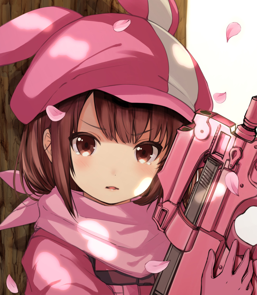 against_tree animal_ears animal_hat brown_eyes brown_hair bullpup catbell cherry_blossoms eyebrows_visible_through_hair fake_animal_ears gloves gun hat highres holding holding_gun holding_weapon llenn_(sao) looking_at_viewer military military_uniform open_mouth p90 pink_gloves pink_hat pink_scarf scarf short_hair solo submachine_gun sword_art_online sword_art_online_alternative:_gun_gale_online tree uniform upper_body weapon white_background