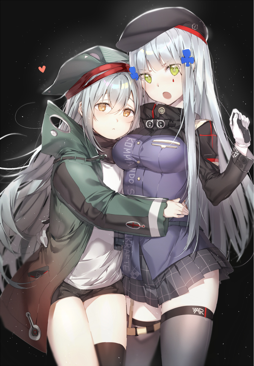 :&lt; arm_around_waist bangs beret black_background black_hat black_legwear black_shorts black_skirt blue_jacket blunt_bangs blush breasts clothes_writing coat commentary_request cowboy_shot eyebrows_visible_through_hair g11_(girls_frontline) girls_frontline gloves green_coat green_eyes green_hat grey_hair hair_between_eyes hair_ornament hairpin hat heart highres hk416_(girls_frontline) hug iron_cross jacket light_particles long_hair long_sleeves looking_at_another looking_at_viewer medium_breasts miniskirt multiple_girls myo_ne open_clothes open_coat open_mouth orange_eyes plaid plaid_skirt pleated_skirt pouch short_shorts shorts silver_hair simple_background single_thighhigh skirt standing thigh_gap thighhighs thighs white_gloves yuri zettai_ryouiki