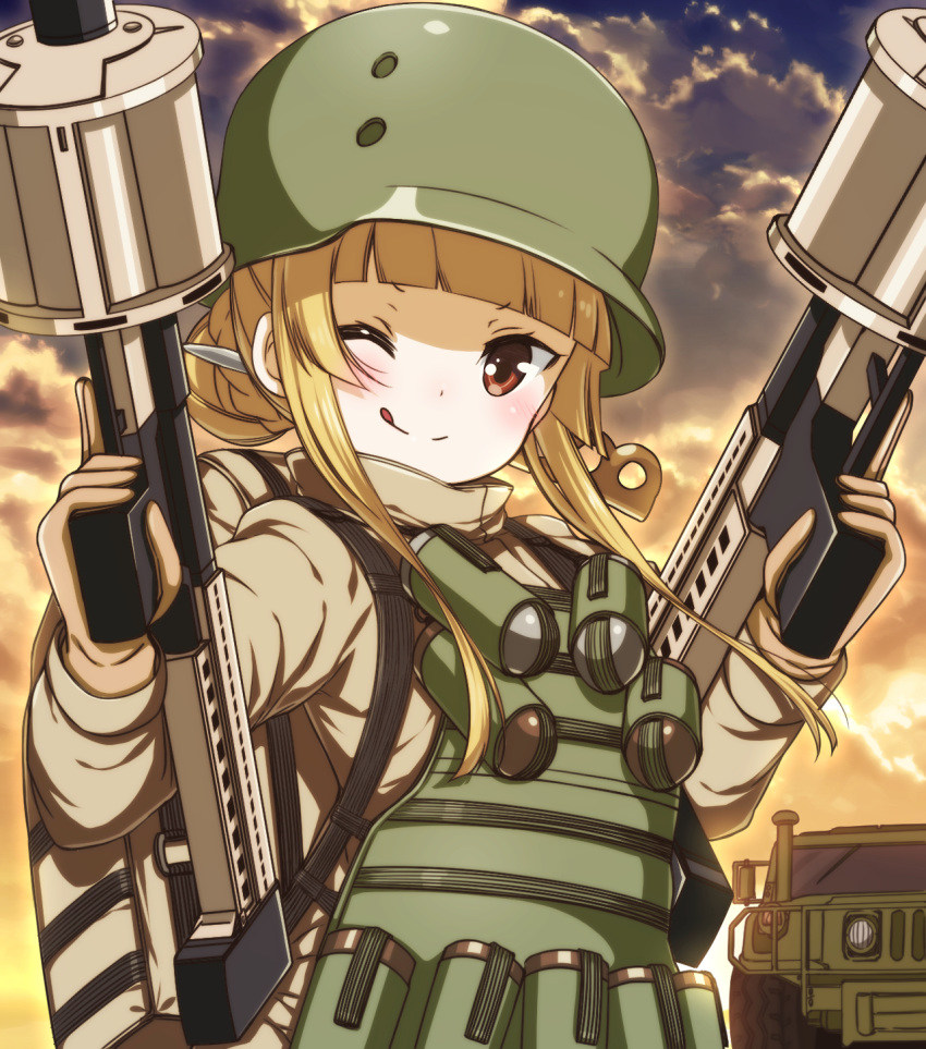 ;q bangs blonde_hair blunt_bangs braided_bun brown_eyes brown_gloves brown_jacket catbell floating_hair fukaziroh_(sao) gloves grenade_launcher ground_vehicle gun hair_bun highres holding holding_gun holding_weapon humvee jacket knife_in_hair long_hair looking_at_viewer loud mgl-140 military military_uniform motor_vehicle one_eye_closed outdoors rightony_&amp;_leftania solo sword_art_online sword_art_online_alternative:_gun_gale_online tongue tongue_out trench_knife uniform upper_body weapon