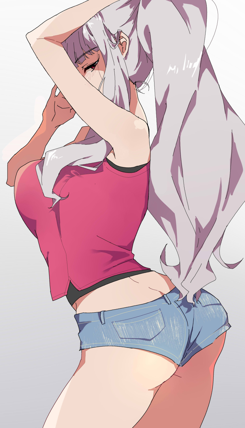 absurdres arms_up ass bangs bare_shoulders breasts cowboy_shot denim denim_shorts flat_color highres hips idolmaster idolmaster_(classic) katsu_(kana) large_breasts long_hair looking_at_viewer looking_to_the_side micro_shorts pink_tank_top pocket ponytail purple_eyes shijou_takane shorts silver_hair simple_background solo thighs white_background