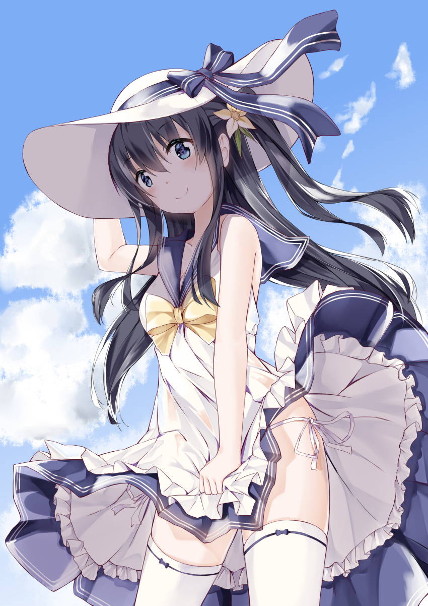 absurdres bangs blue_bow bow bow_legwear bowtie closed_mouth cloud cloudy_sky commentary_request covering covering_crotch cowboy_shot day dress dress_tug eyebrows_visible_through_hair flower fuyuki030 hair_flower hair_ornament hand_on_headwear hat hat_bow hat_ribbon highres leaning_forward long_hair looking_at_viewer one_side_up original outdoors panties ribbon sailor_dress short_dress side-tie_panties sky sleeveless sleeveless_dress smile solo standing sun_hat thighhighs underwear white_dress white_hat white_legwear white_panties wind wind_lift yellow_neckwear