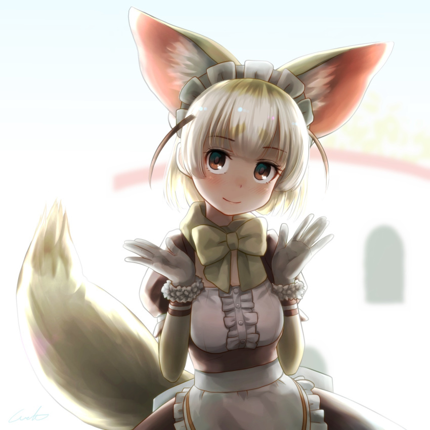 alternate_costume animal_ear_fluff animal_ears blonde_hair blush bow bowtie center_frills commentary elbow_gloves eyebrows_visible_through_hair fennec_(kemono_friends) fox_ears fox_tail fur_trim gloves highres kemono_friends kemono_friends_festival maid maid_dress maid_headdress puffy_short_sleeves puffy_sleeves short_hair short_sleeves signature solo tail upper_body welt_(kinsei_koutenkyoku)