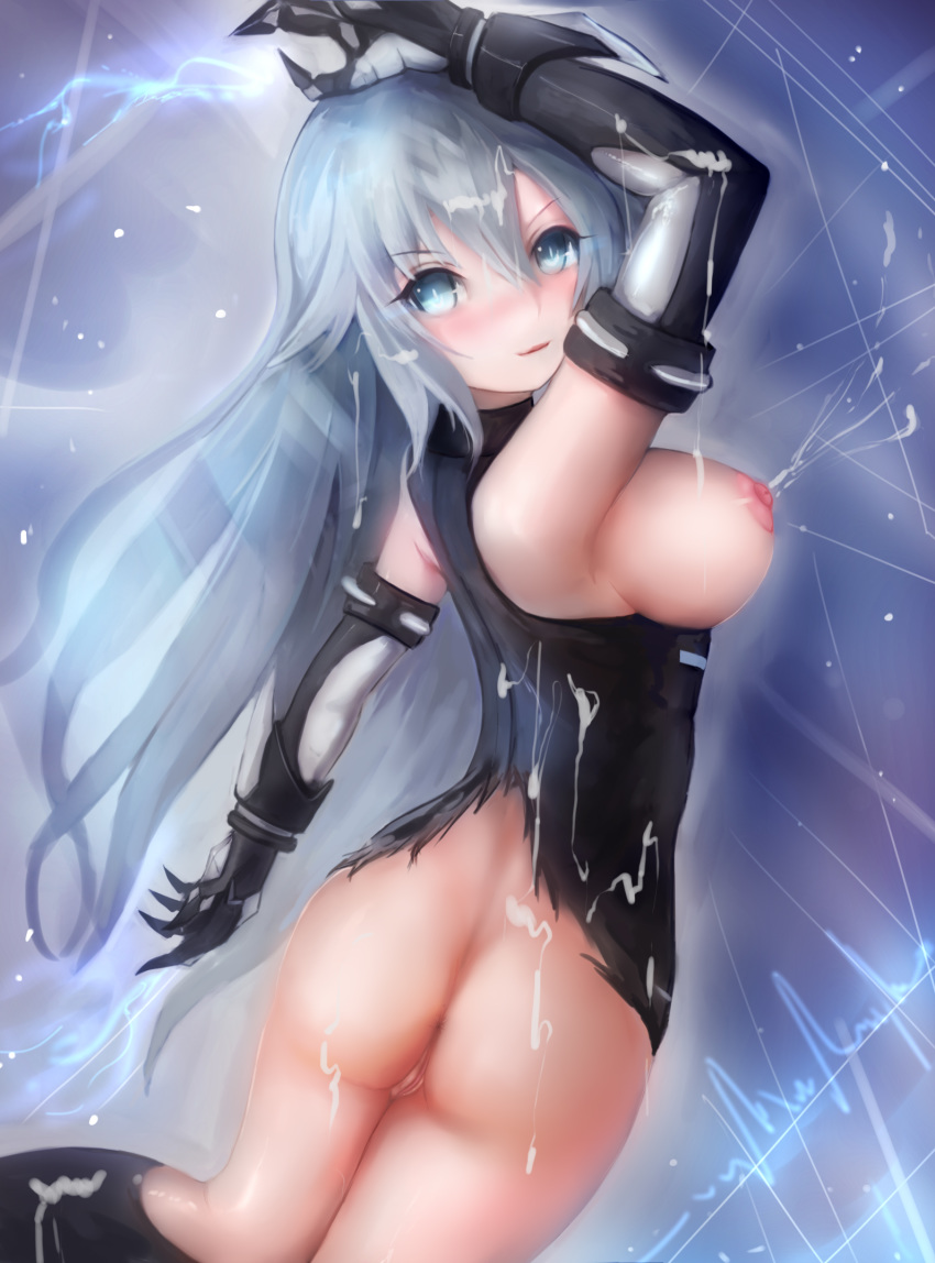 1girl anus aqua_eyes areolae ass bare_shoulders black_heart blush breasts choujigen_game_neptune cum cum_on_body cum_on_clothes cum_on_hair cum_on_lower_body cum_on_upper_body elbow_gloves facial from_behind gloves lactation large_breasts long_hair looking_back neptune_(series) nipples noire pussy shiny shiny_hair sideboob silver_hair smile solo standing suterisu very_long_hair