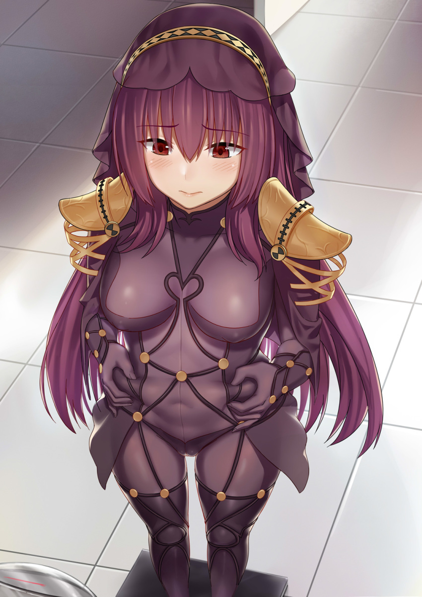 3: bangs belly belly_grab blush bodysuit breasts cameltoe closed_mouth commentary covered_navel covered_nipples crotch_seam embarrassed fat_folds fate/grand_order fate_(series) furrowed_eyebrows gold_trim hair_intakes highres indoors large_breasts long_hair pauldrons pinching plump polearm purple_bodysuit purple_hair red_eyes scathach_(fate)_(all) scathach_(fate/grand_order) shoulder_armor shoutai_(7490773) skin_tight solo spear standing tile_floor tiles veil weapon weight_conscious