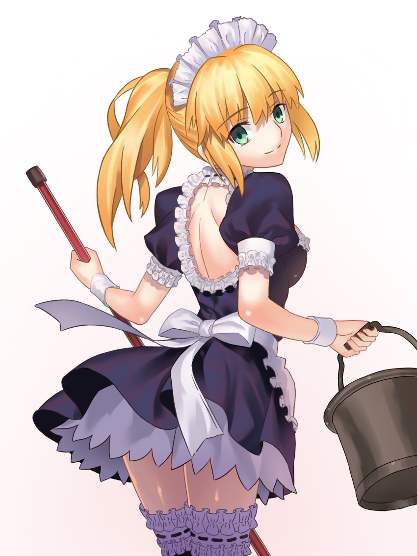 alternate_costume apron artoria_pendragon_(all) back_bow backless_dress backless_outfit berrykanry black_dress blonde_hair bow broom cowboy_shot dress enmaided eyebrows_visible_through_hair fate/stay_night fate_(series) floating_hair from_behind green_eyes hair_between_eyes head_tilt highres holding holding_broom long_hair looking_at_viewer looking_back maid maid_headdress ponytail saber shiny shiny_skin short_dress short_sleeves sidelocks simple_background smile solo thigh_strap thighhighs white_apron white_background white_bow wrist_cuffs