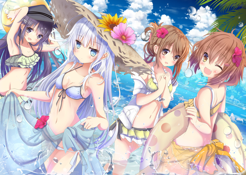 akatsuki_(kantai_collection) armpits arms_up aruka_(alka_p1) beach bikini bikini_skirt blue_eyes blue_sarong blue_sky blush breasts brown_eyes brown_hair closed_mouth cloud collarbone commentary_request day expressionless eyebrows_visible_through_hair fang flower folded_ponytail frilled_bikini frills front-tie_top groin hair_flower hair_ornament hairclip hands_on_headwear hat hat_flower hibiki_(kantai_collection) highres holding holding_innertube hood hoodie ikazuchi_(kantai_collection) inazuma_(kantai_collection) innertube jacket jitome kantai_collection lifted_by_self long_hair looking_at_viewer multiple_girls navel off_shoulder one_eye_closed open_mouth orange_sarong outdoors purple_eyes purple_hair sarong sarong_lift short_hair shoulder_blades side-tie_bikini silver_hair sky small_breasts smile splashing stomach straw_hat sun_hat swimsuit thighs verniy_(kantai_collection)