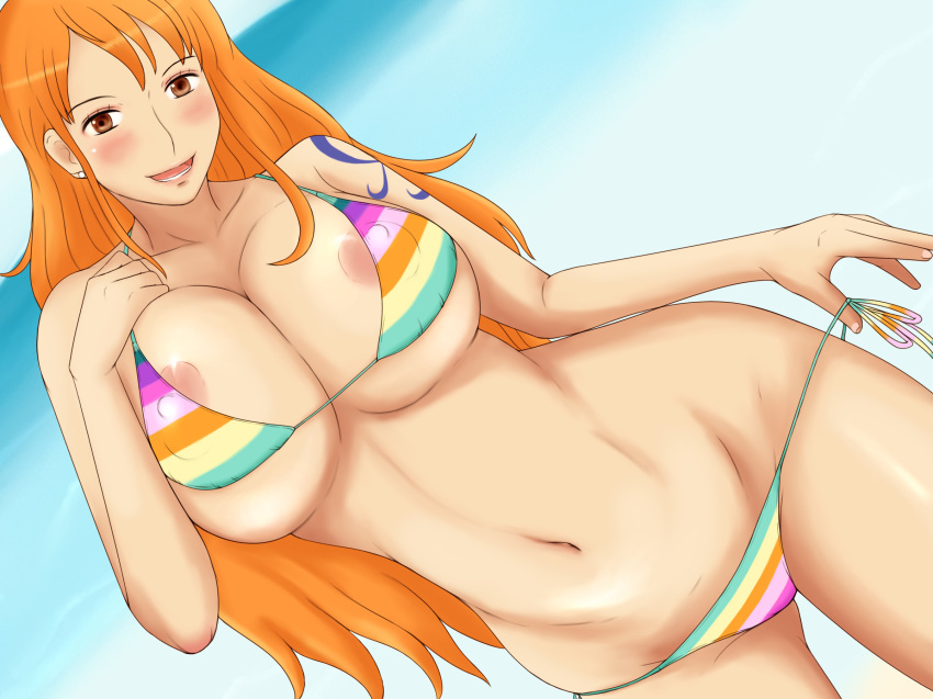 1girl ass bare_shoulders bent_over bikini blush bracelet breasts cleavage curvy female flower hips huge_ass huge_breasts jewelry large_breasts long_hair momo_765 nami_(one_piece) nipples one_piece open_mouth orange_hair solo swimsuit tattoo teeth thick_thighs thighs tongue wide_hips